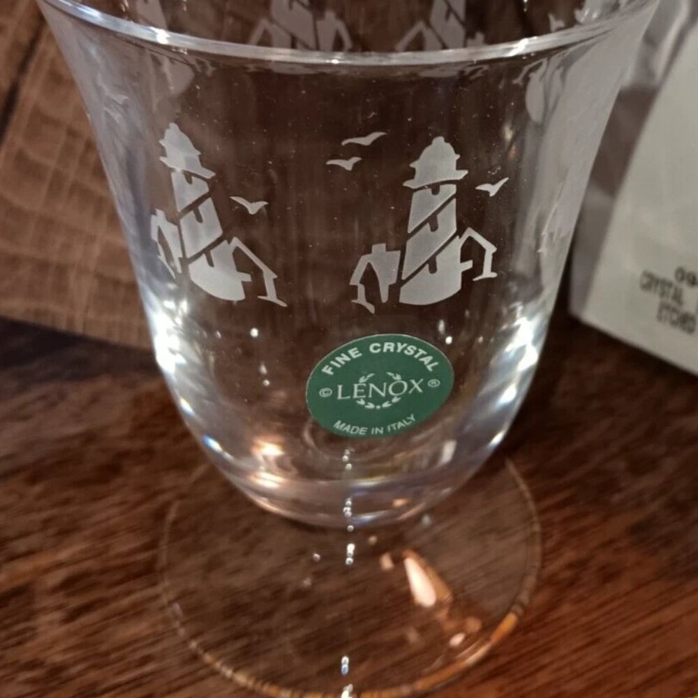 Vintage LENOX Crystal Lighthouse Etched Glasses Made In Italy Set4 In Box